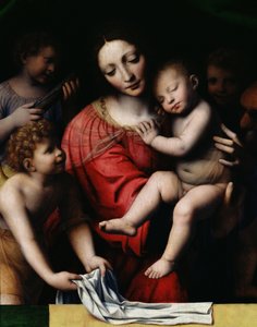 Den sovende Jesus, eller Madonna som holder det sovende barnet, akkompagnert av tre engler, 1532